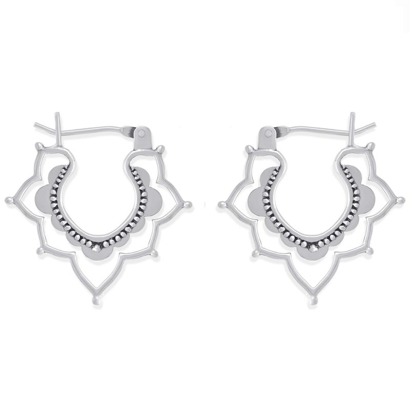 Boma Jewelry Sterling Silver Bomhemian Flower Snap Down Closure Hoop Earrings - Image 1